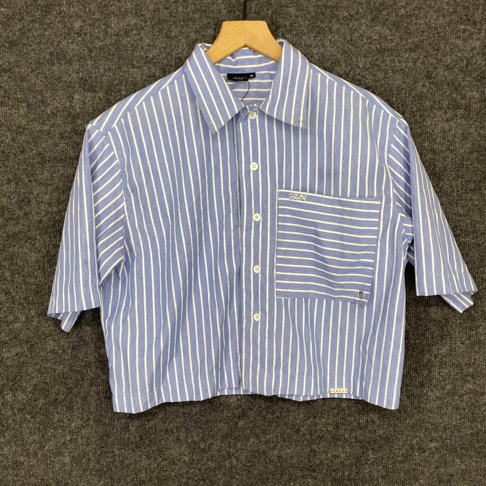 SUMWON Blue White Striped Cropped Short Sleeve Button Down Shirt